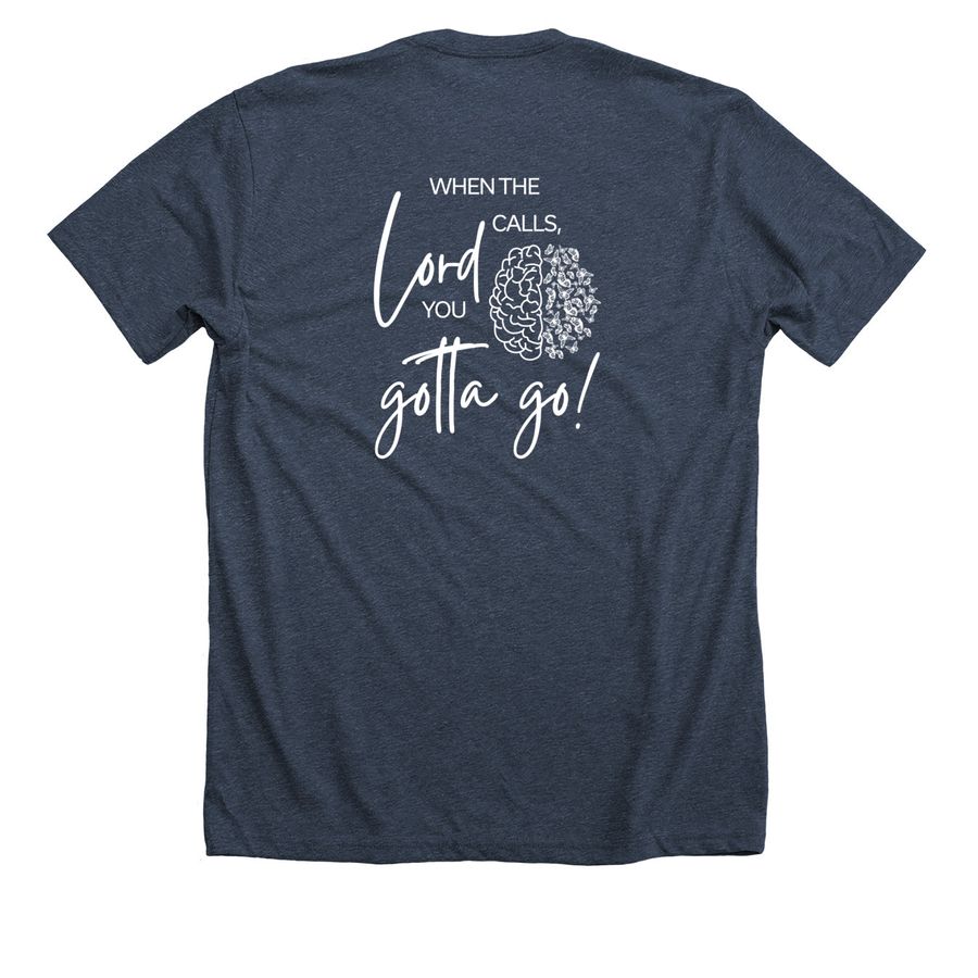 Gotta Go! Gotta Go!, a Heather Midnight Navy Premium Unisex Tee (back-view)