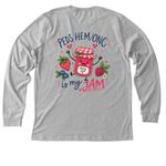 Peds Hem/Onc is my JAM, a Athletic Heather Premium Long Sleeve Tee (back-view)