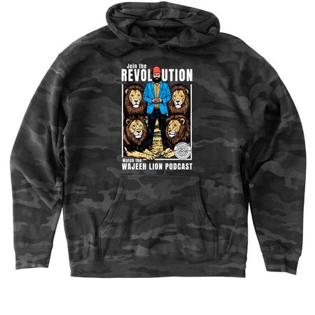 The Wajeeh Lion Podcast, a Black Camo Heavyweight Camo Pullover Hoodie