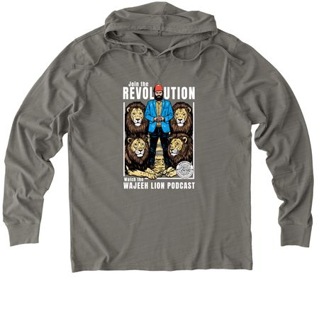 The Wajeeh Lion Podcast, a Driftwood Grey Allmade Organic Cotton Mineral Dye Hoodie Tee
