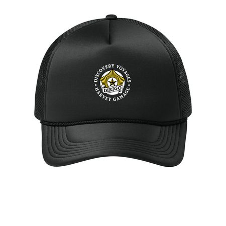 Discovery Voyages Hat, a Deep Black Printed Foam Trucker Hat