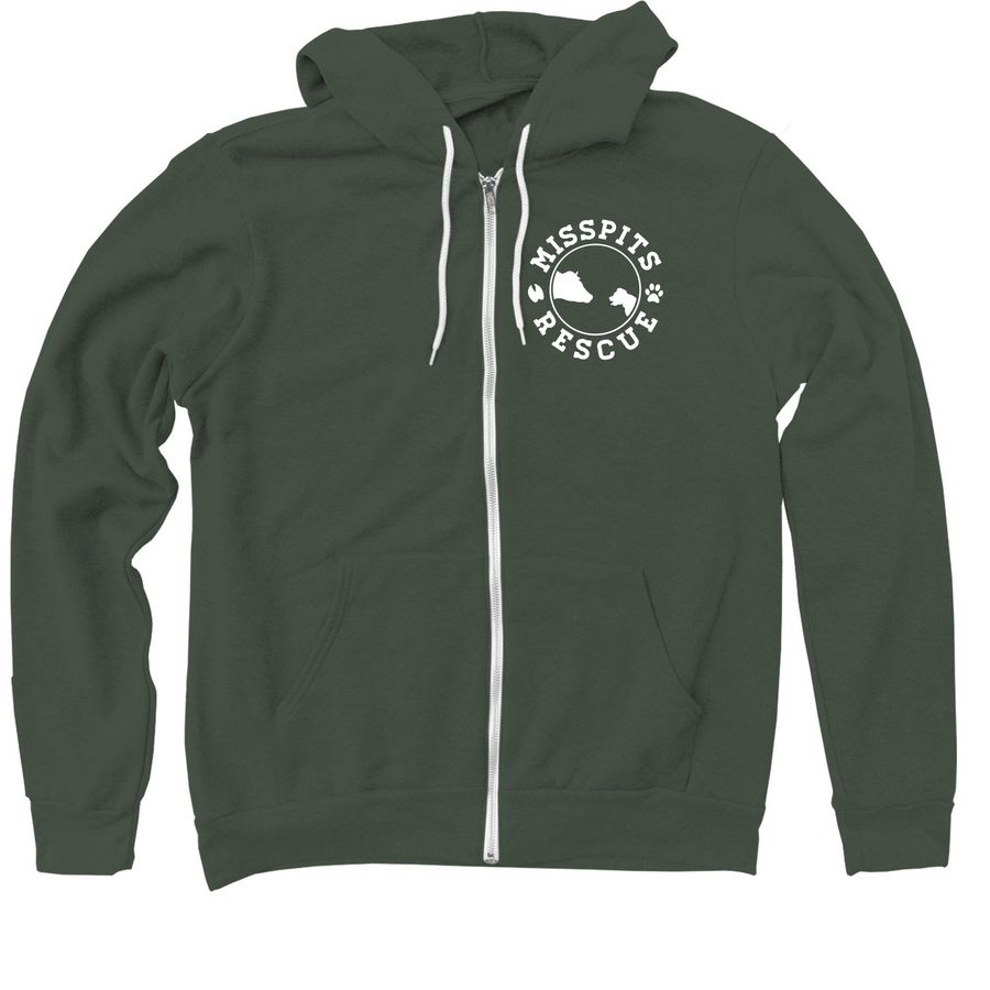 MISSPITS RESCUE Est. 2013 back design&nbsp;, a Military Green Zip Up Hoodie