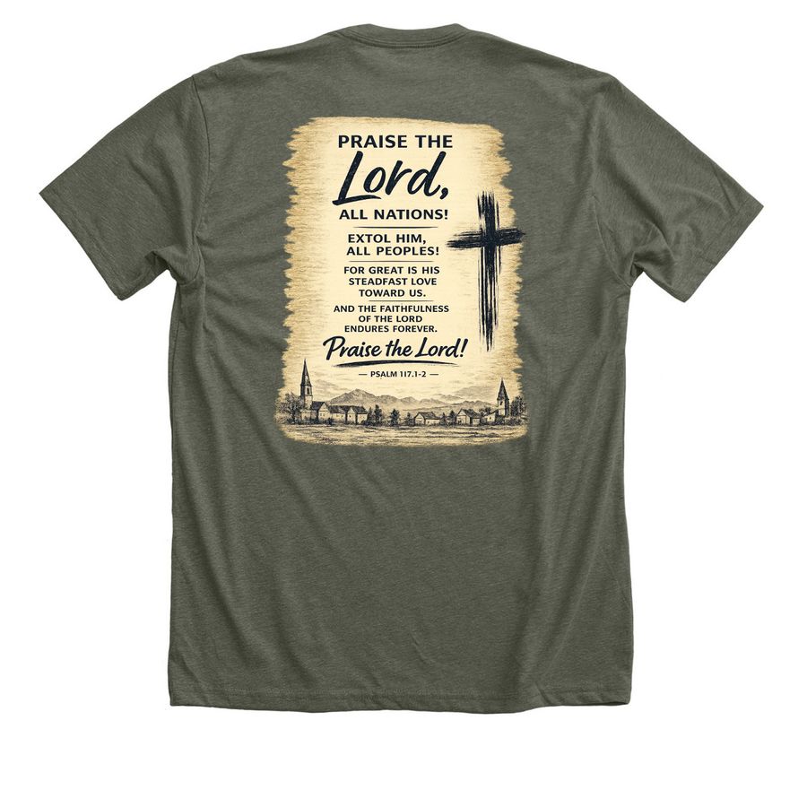 MISSION TO ROMANIA 2026, a Heather Military Green Premium Unisex Tee (back-view)