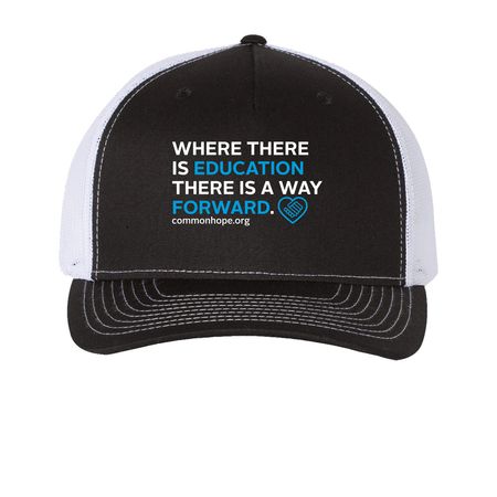 Where There is Education Hat, a Black/ White Printed Five-Panel Trucker Cap