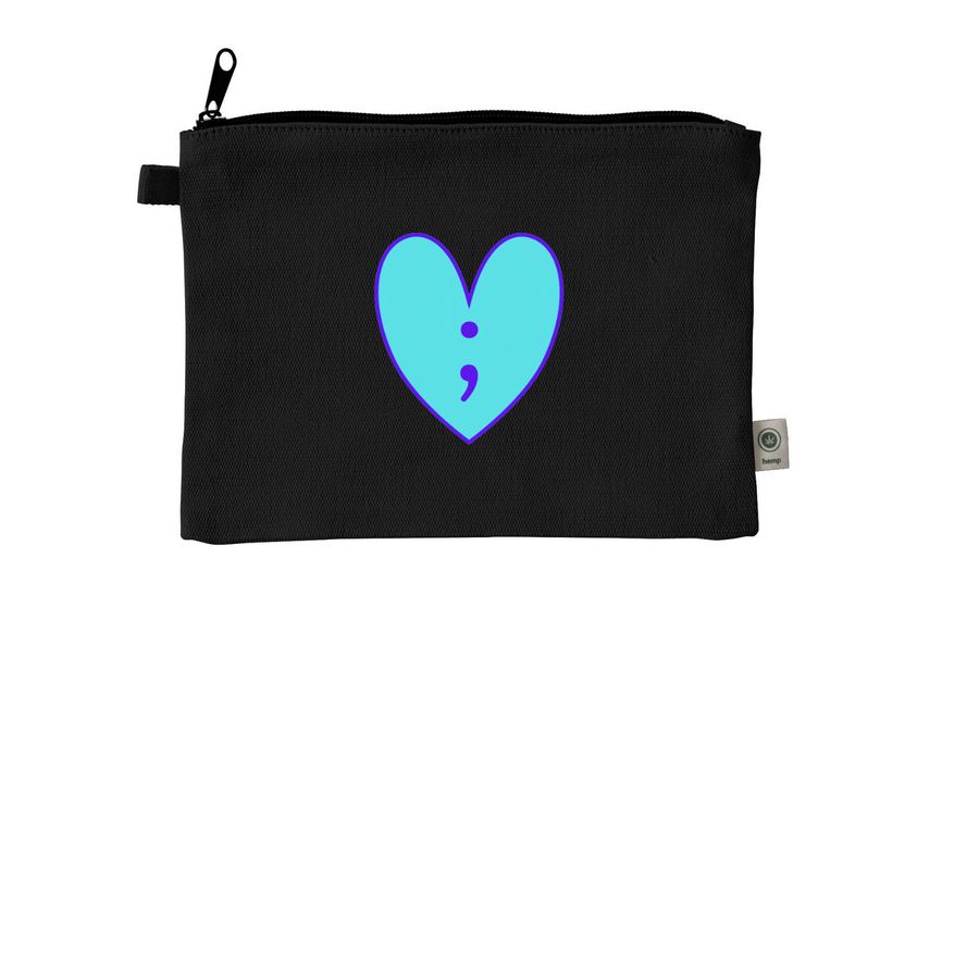 Teal Semicolon Heart Pouch, a Black 9"x7" Hemp Blend Pouch