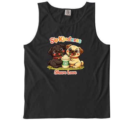 Sip Kindness Pugs-Share Love, a Black Comfort Colors Tank Top