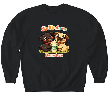 Sip Kindness Pugs-Share Love, a Black Softstyle Crewneck Sweatshirt