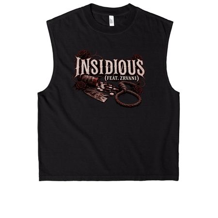 ZRVANI & Buried Emotions Insidious design, a True Black Heavyweight Garment Dye Muscle Tee