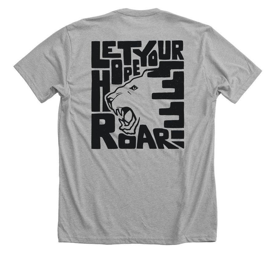 LET YOUR HOPE ROAR, a Athletic Heather Premium Unisex Tee (back-view)