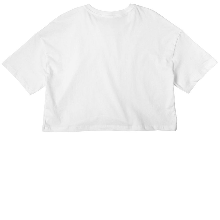shortie patorties & short chapters, a White Women?s Cropped Cotton Tee (back-view)