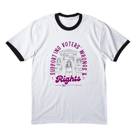 Supporting Voters' Wrongs & RIGHTS, a White/ Jet Black Cotton Ringer Tee
