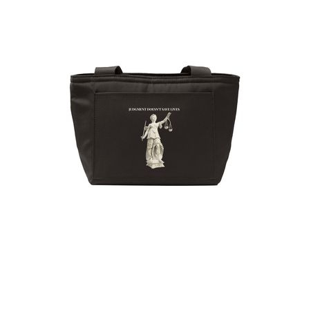 JUDGEMENT DOESN'T SAVE LIVES., a Deep Black Insulated Lunch Tote