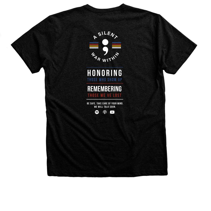 "A Silent War Within" Left Chest Emblem Tee, a Black Heather Premium Unisex Tee (back-view)