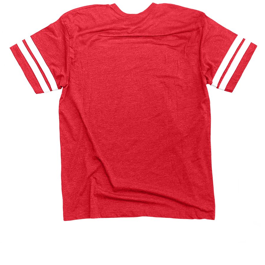 Road, White and AROO! RTR Summer Fundraiser, a Vintage Red / White Football Jersey Tee (back-view)