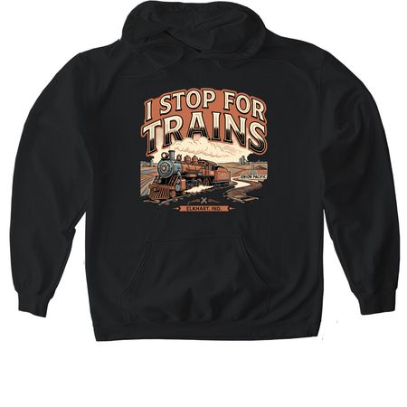 I Stop for Trains, a Black Gildan Softstyle Pullover Hoodie