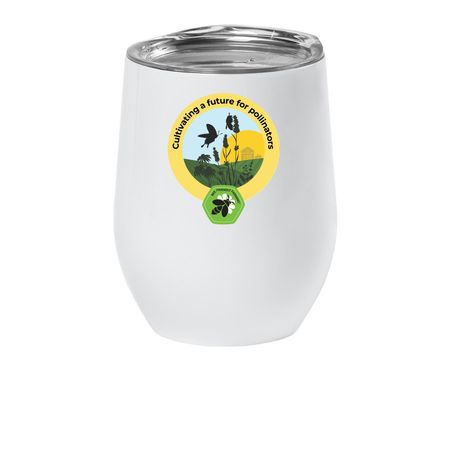 Bee Friendly Farming Tagline Wine Tumbler, a White Insulated Wine Cup