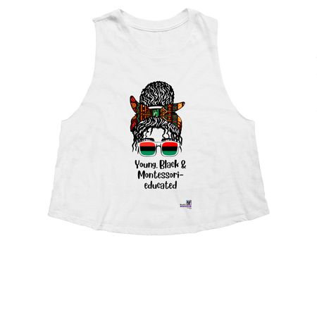 Young, Black & Montessori, a Solid White Blend Women's Cropped Racerback Tank