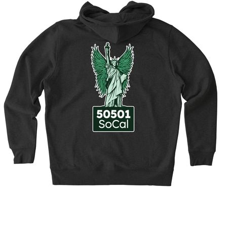 Back-print SoCal Angel Hoodie, a Dark Heather Grey Stanley/Stella Unisex Cultivator 2.0 Zip Up Pullover Hoodie