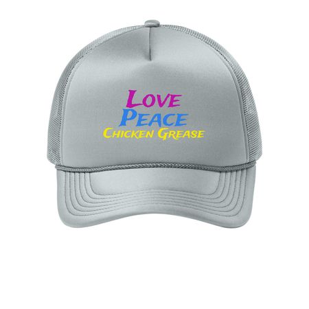 Love Peace & Grease Trucker Hat, a Silver Printed Foam Trucker Hat