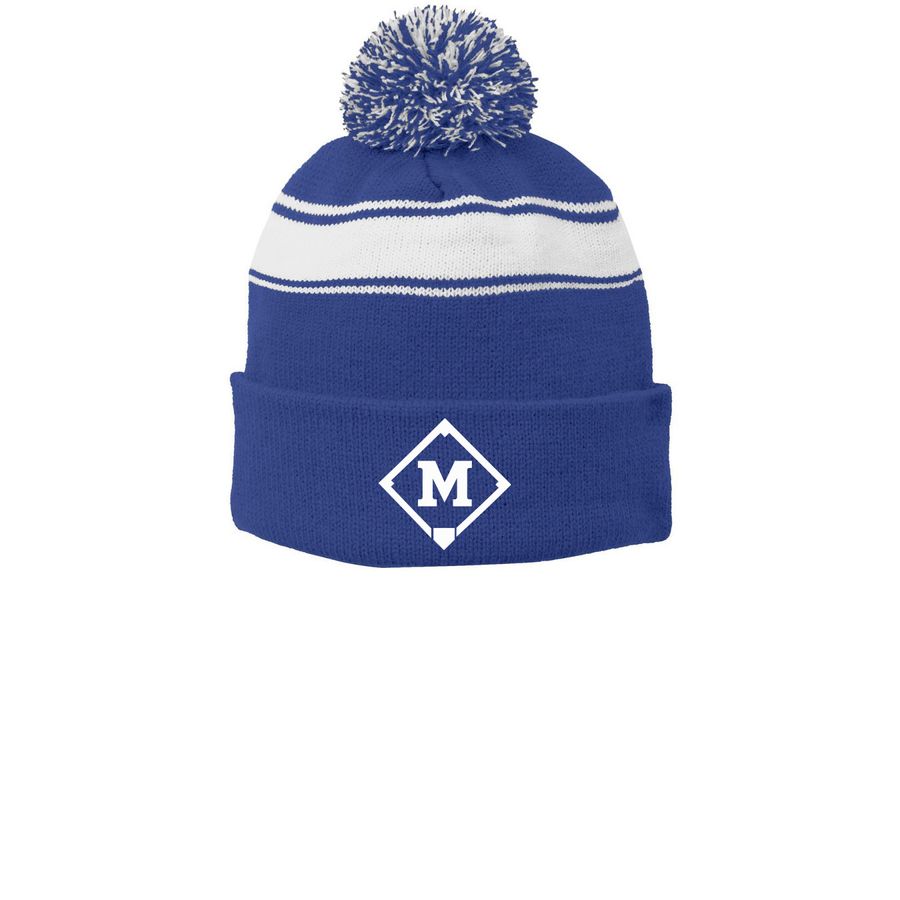 POM BEANIE M, a True Royal/ White Printed Stripe Pom-Pom Beanie