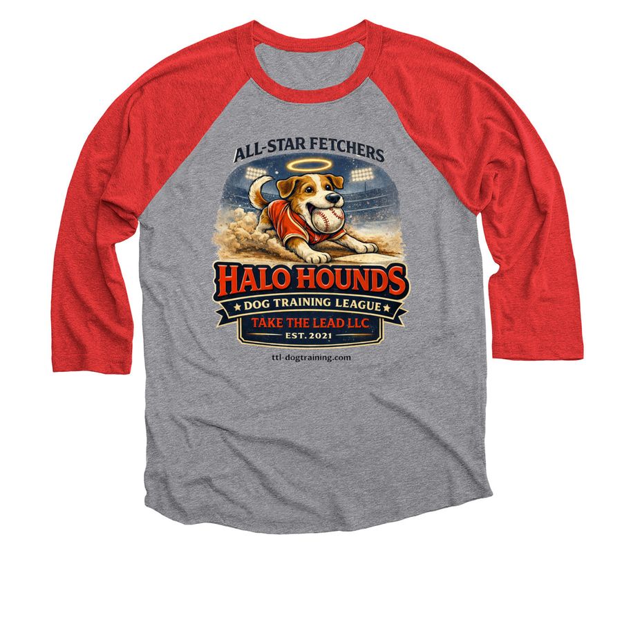 Halo Hounds 3/4 Baseball Tee, a Red and Premium Heather 3/4 Sleeve Baseball Tee