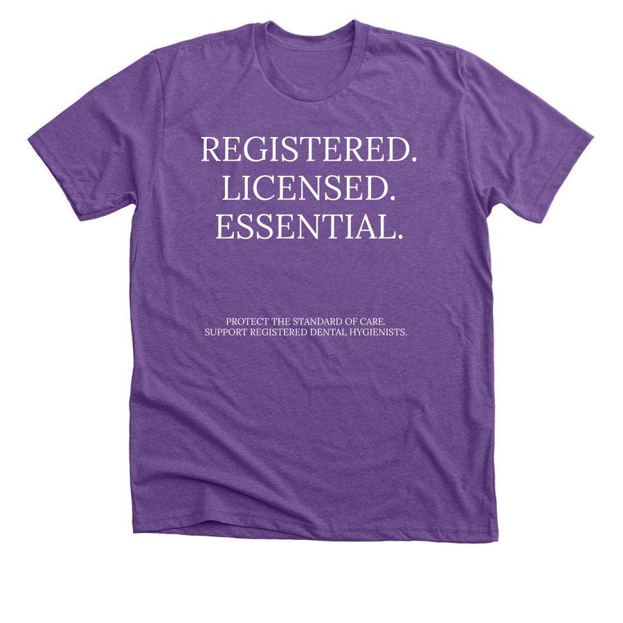 RDH Registered, Licensed & Essential, a Heather Team Purple Premium Unisex Tee