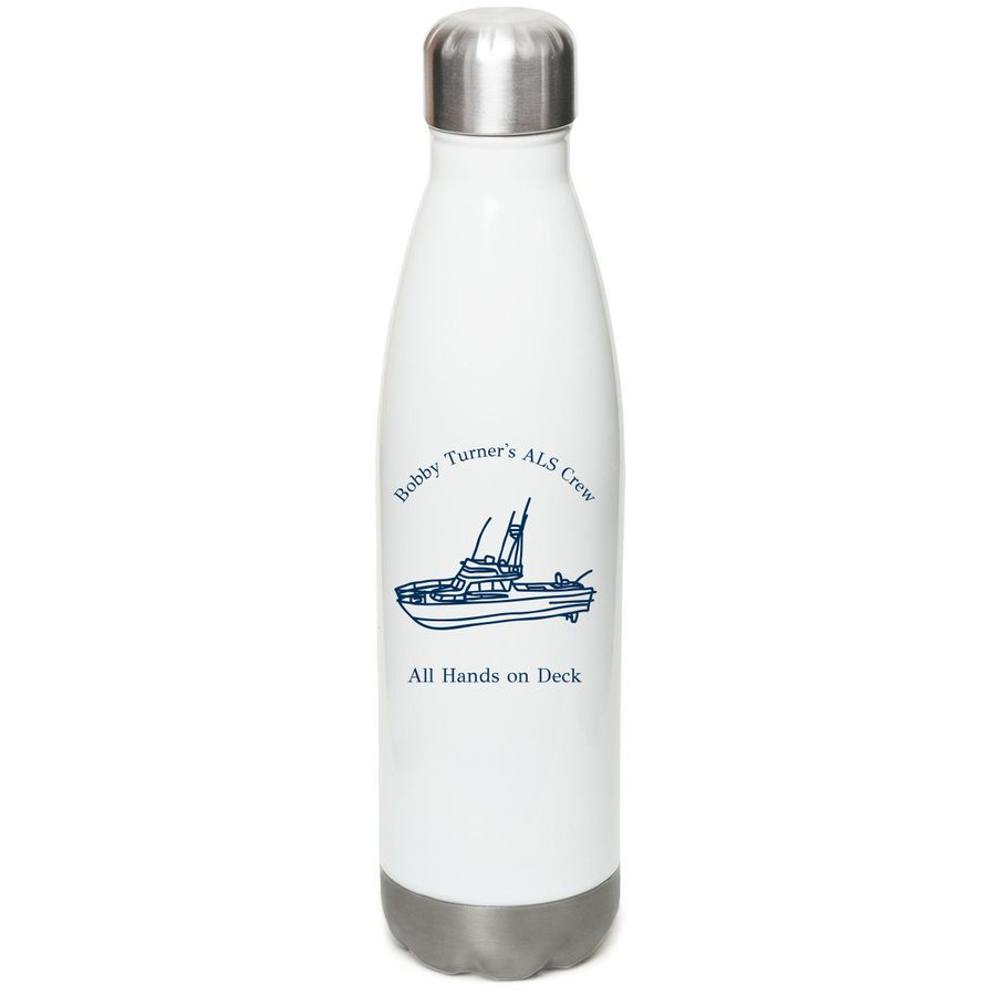 BT's ALS Crew Water Bottle, a White Stainless Steel Water Bottle (back-view)