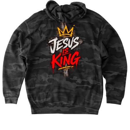 Jesus is King., a Black Camo Heavyweight Camo Pullover Hoodie (back-view)