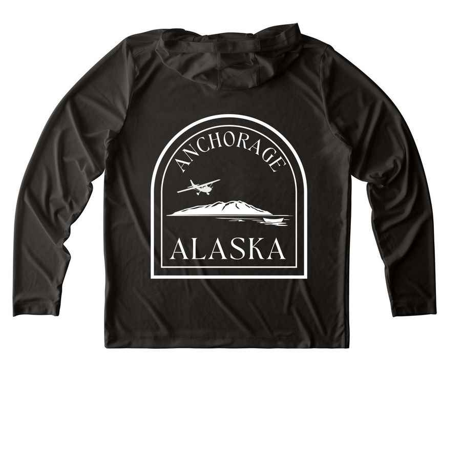 Anchorage Shirt, a Black UV Performance Long Sleeve Hoodie (back-view)