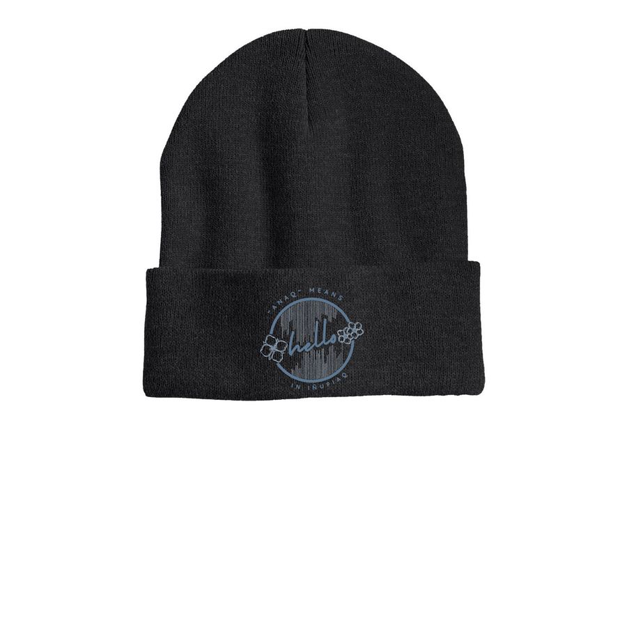 "Anaq" means hello beanies, a Heather Charcoal Printed Cuffed Beanie
