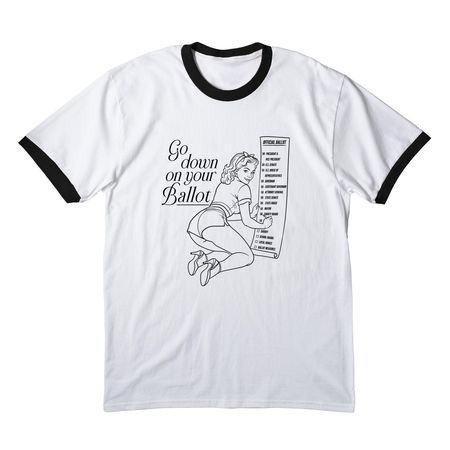 Go down on your ballot!, a White/ Jet Black Cotton Ringer Tee