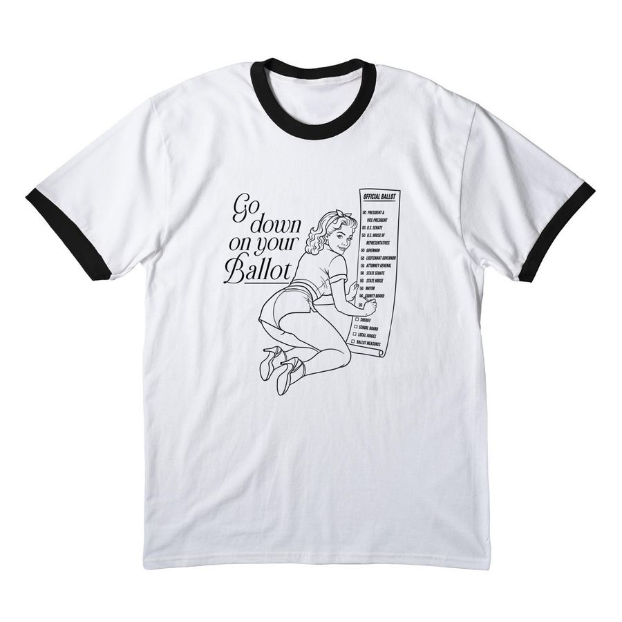 Go down on your ballot!, a White/ Jet Black Cotton Ringer Tee
