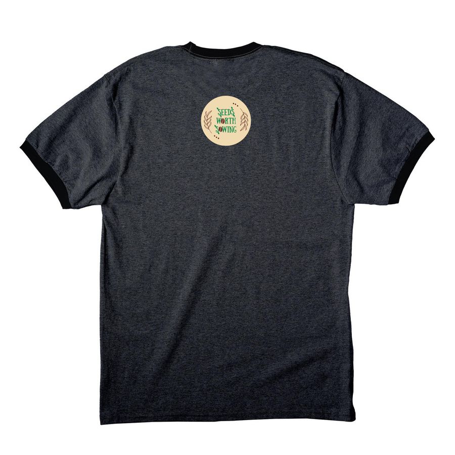 Organize The Block Ringer Tee, a Dark Heather Grey/ Jet Black Cotton Ringer Tee (back-view)