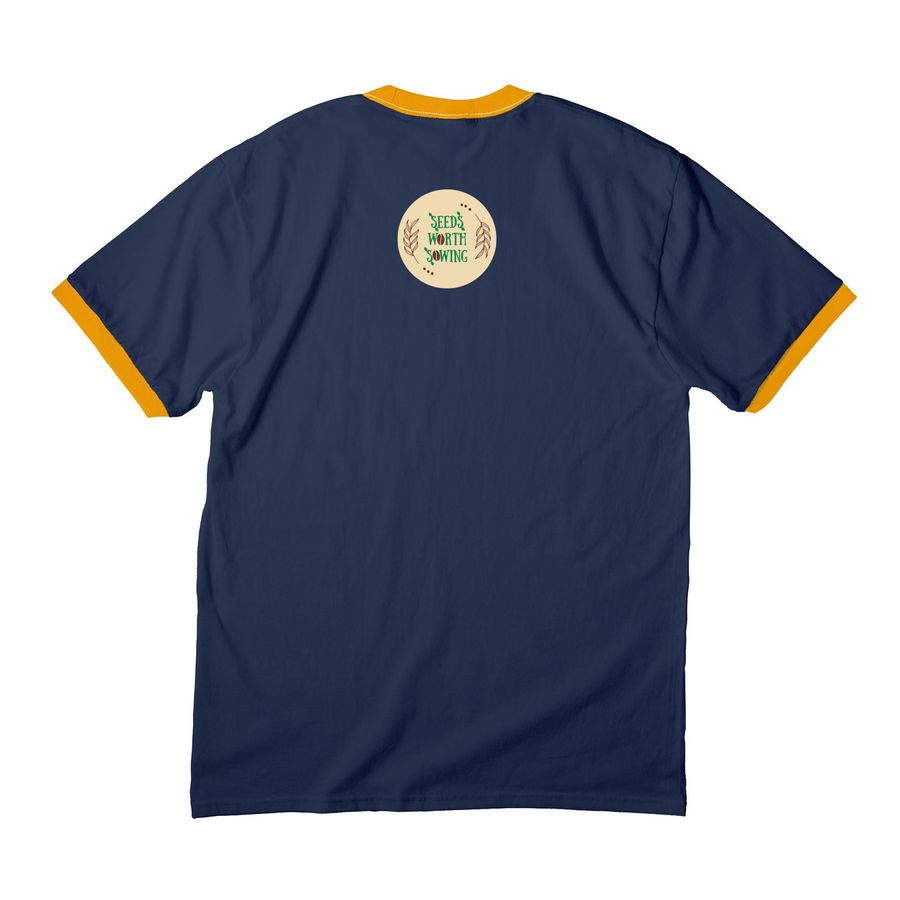Organize The Block Ringer Tee, a Navy/ Gold Cotton Ringer Tee (back-view)