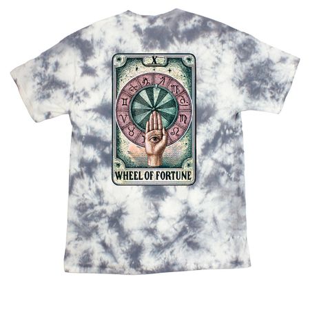 The Wheel of Fortune X, a Grey Crystal Tie Dye Tee (back-view)