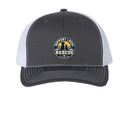 Support Local Rescue Cap, a Charcoal/ White Printed Snapback Trucker Cap