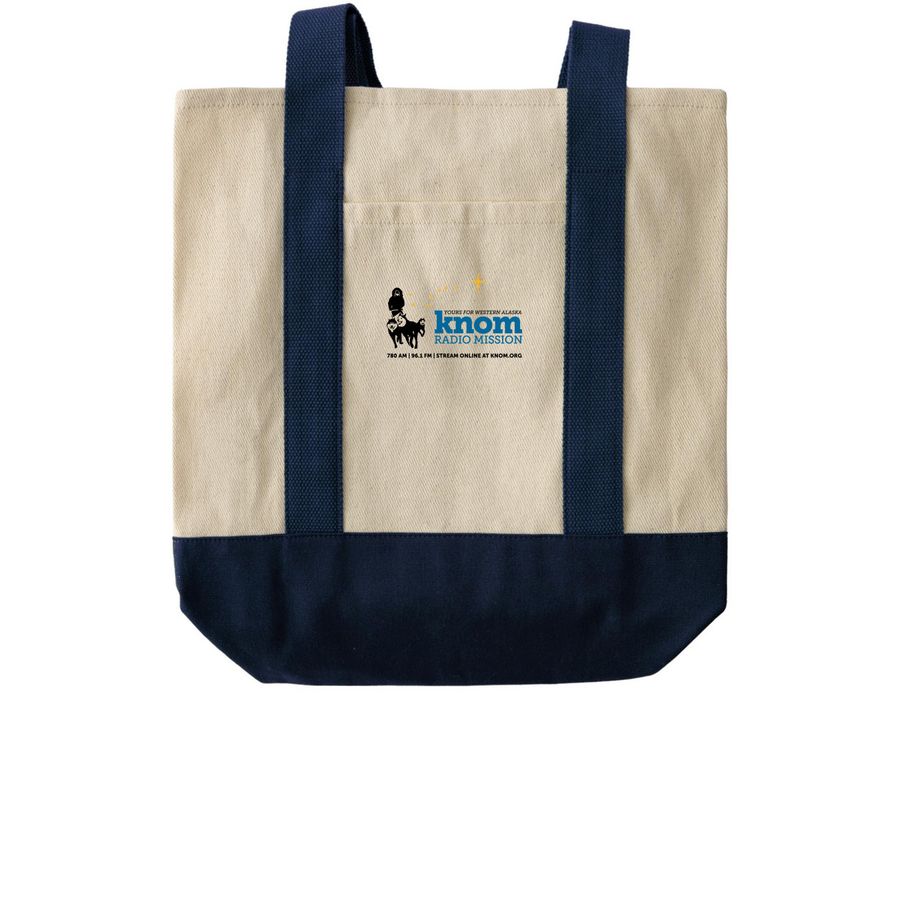 KNOM Radio Mission, a Natural/Navy Two-Tone Grocery Tote Bag