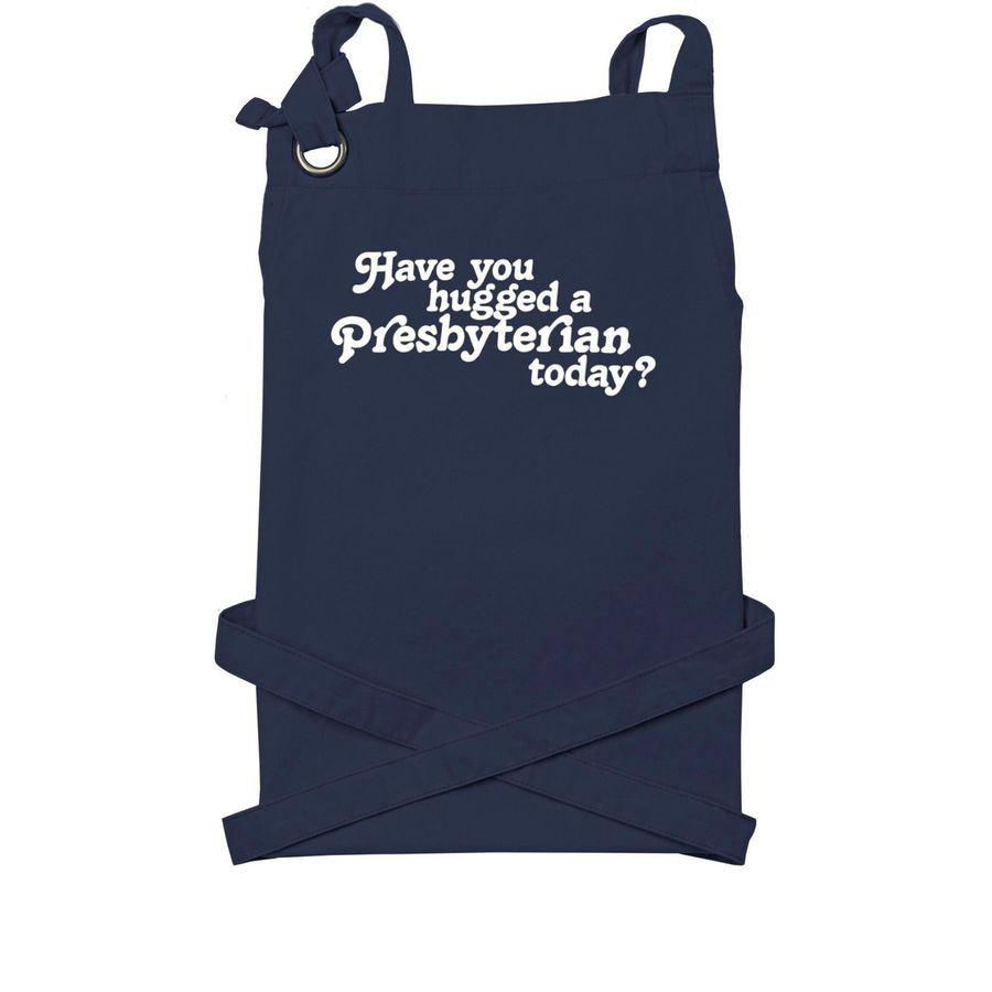 "Have You Hugged a Presbyterian Today?" Apron, a Navy Cotton Canvas Pocket Apron