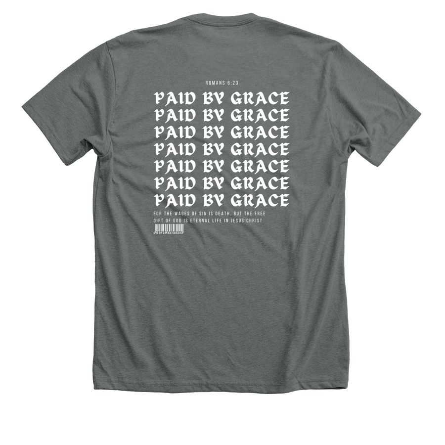 PAID BY GRACE, a Heavy Metal Premium Unisex Tee (back-view)