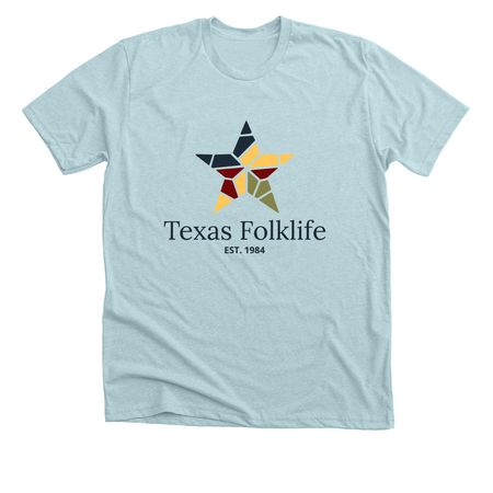 Texas Folklife 2026, a Heather Ice Blue Premium Unisex Tee