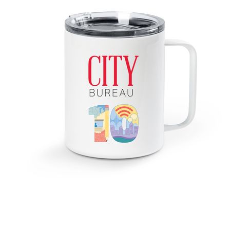 City Bureau 10th Birthday Travel Mug, a White Stainless Steel Travel Mug