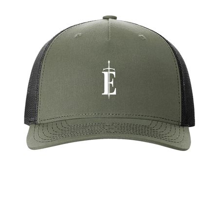 Emblem logo hat, a Loden Green/ Black Printed Five-Panel Trucker Cap
