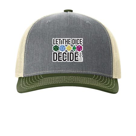 "Let the Dice Decide" Hats, a Heather Grey/ Birch/ Army Olive Printed Five-Panel Trucker Cap