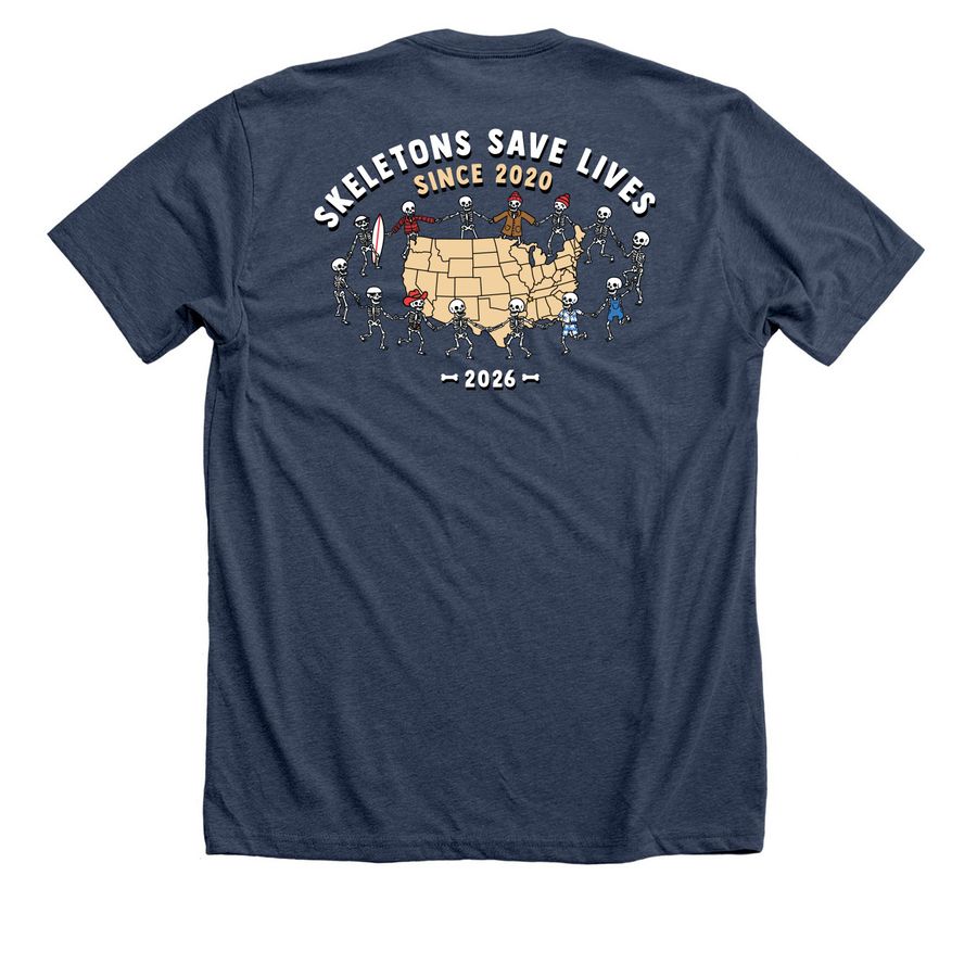 Skeletons Save Lives Since 2020 - Back, a Heather Navy Premium Unisex Tee (back-view)
