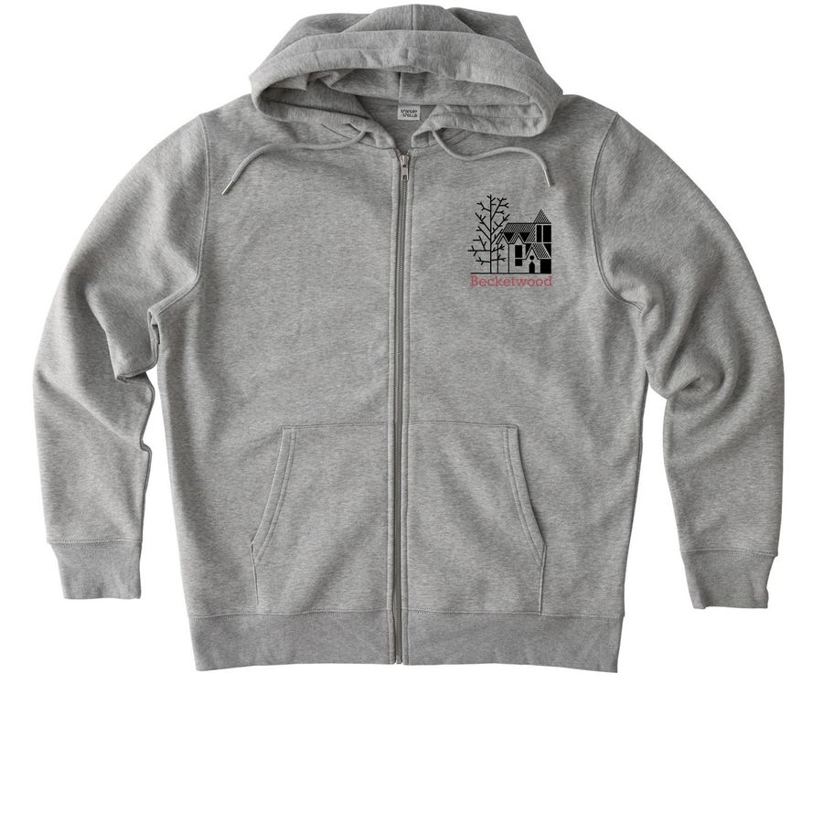 Classic Eco-Friendly Hoodie. Burgundy Logo., a Heather Grey Stanley/Stella Unisex Cultivator 2.0 Zip Up Pullover Hoodie