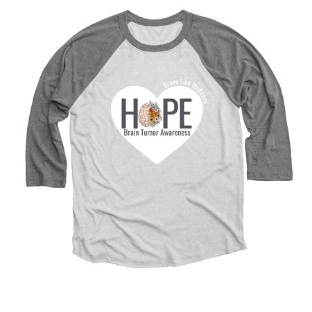 Go Gray in May with Brave Like McKenna, a Premium Heather and Heather White 3/4 Sleeve Baseball Tee