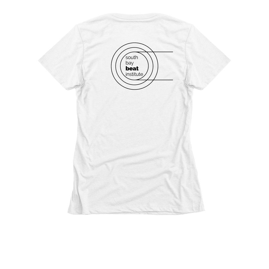 drum rolls not gender roles, a White Women's Slim Fit Tee (back-view)