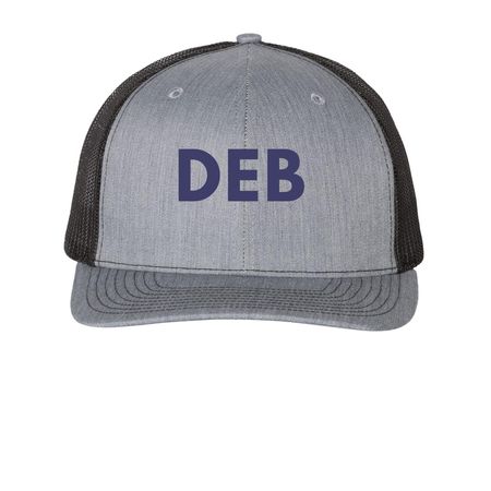 DEB Purple Logo Hat, a Heather Grey/ Black Printed Snapback Trucker Cap