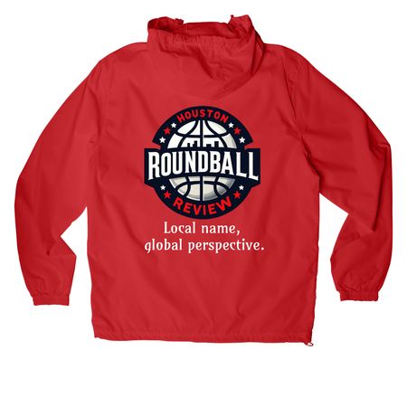 Houston Roundball Review jacket, a True Red Packable Anorak (back-view)