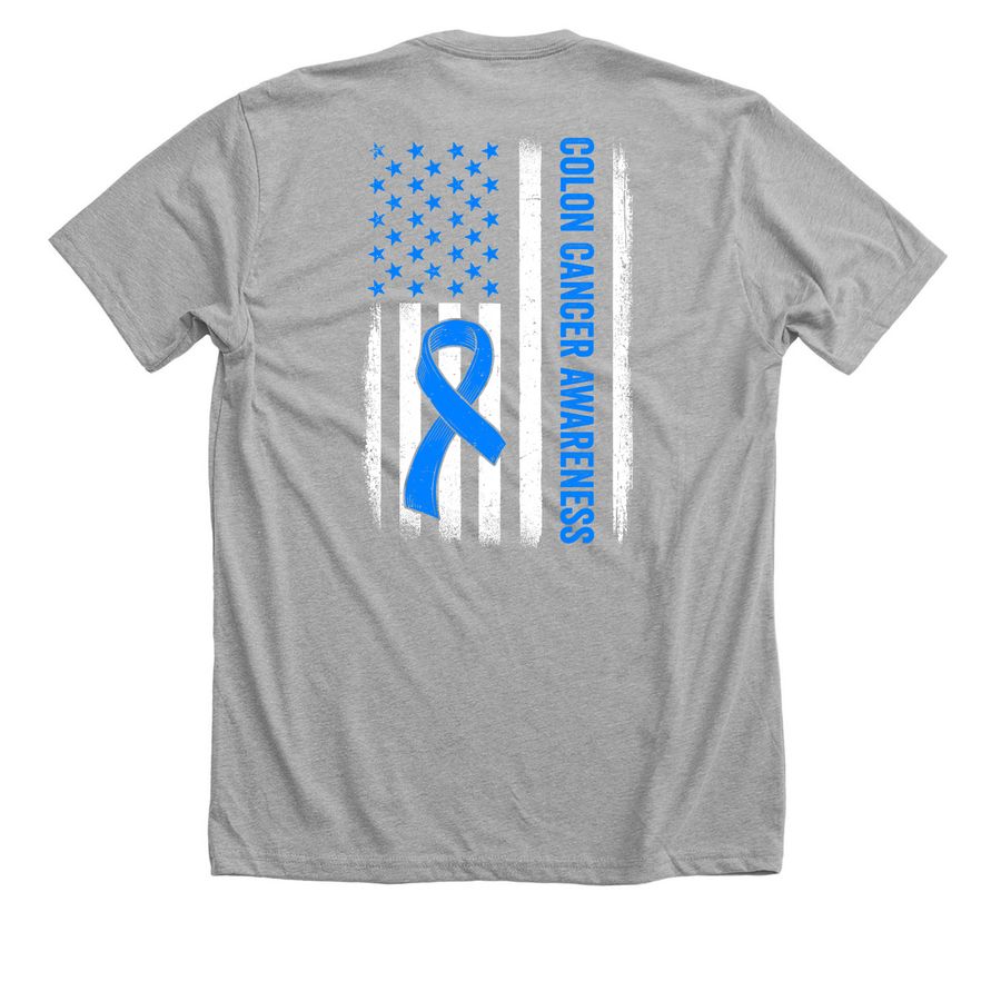 Colon Cancer Awareness, a Athletic Heather Premium Unisex Tee (back-view)